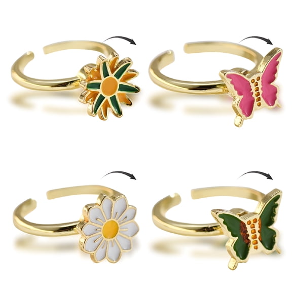 DESIGNICE 4Pcs Anxiety Rings Fidget Rings Adjustable Spinner for Women Chrysanthemum Butterfly Daisy Rings