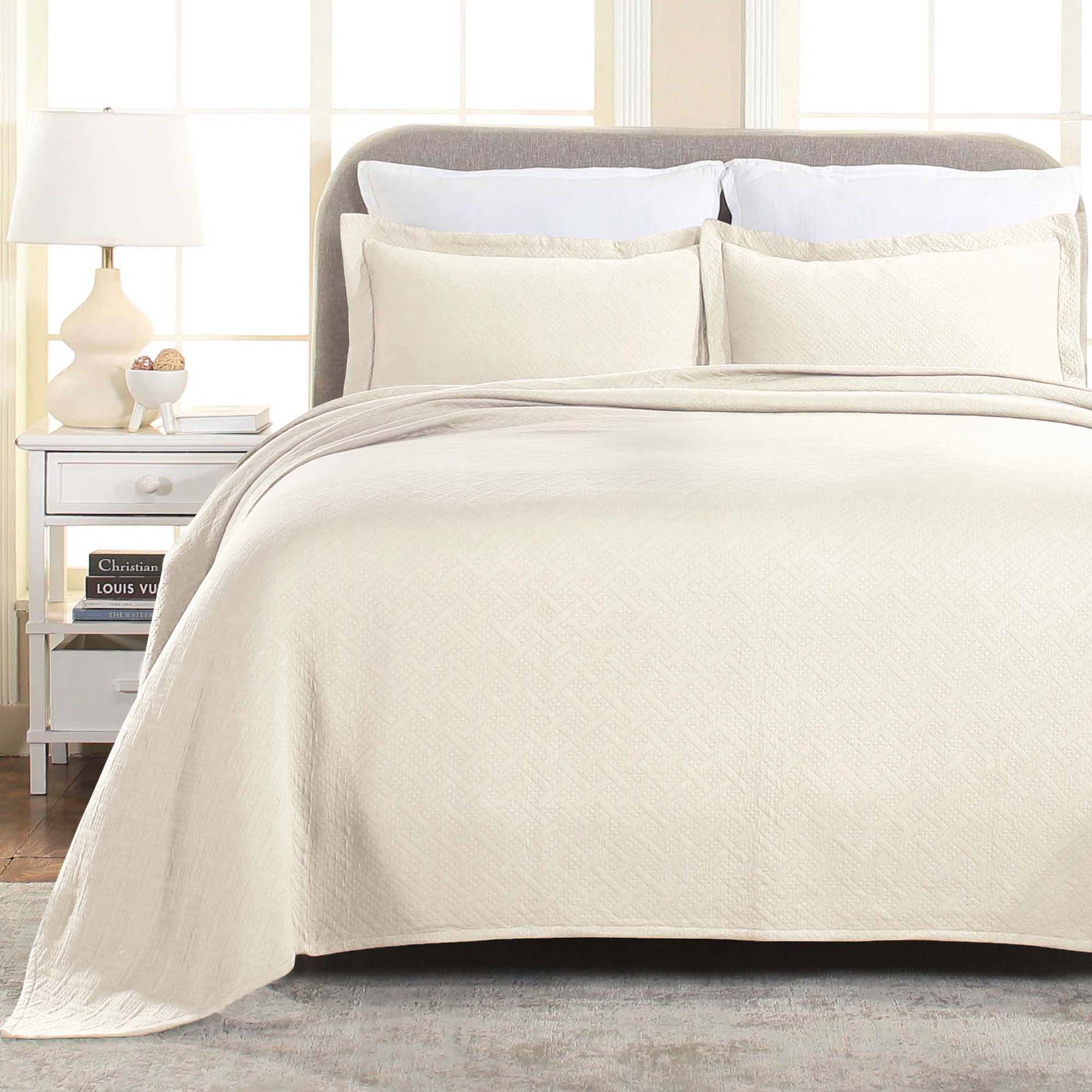 Superior Basket Weave 2 Piece Decorative Cotton Bedspread, Lightweight Bedding Set, Twin Size, Ivory