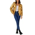 thumbnail image 2 of Chaquetas de invierno acolchadas con capucha y bolsillos brillantes para mujer Allegra K 2XL dorado, 2 of 6