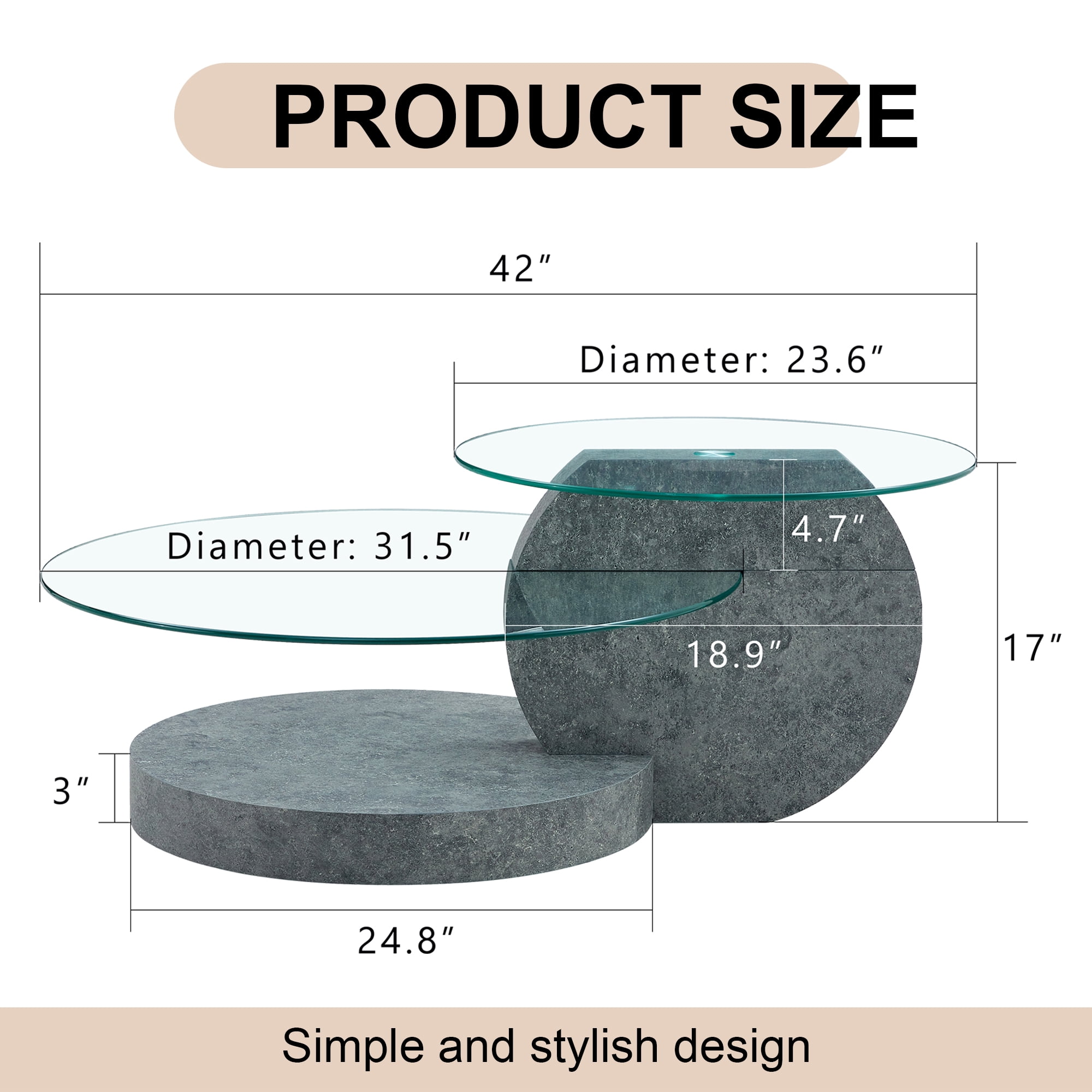 Vanress 42" Glass Coffee Table, Round Coffee Table, Modern Double Layer Round Glass Coffee Table for Living Room, Gray