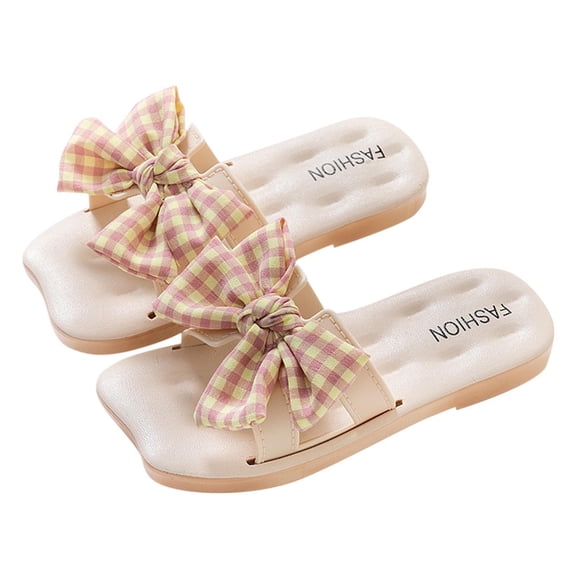 breaise Girl's Bows Square Toe Sandals Casual Summer Flat Sandal Non-Slip Indoor Slide Cute Slip-on Beach Slides