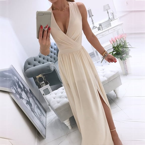 Lolmot Women's Fashion Casual England Loose Sleeveless Solid Color V-Neck Floor-Length Dress Flowy Elegant Side Split Maxi Dress Party Dress