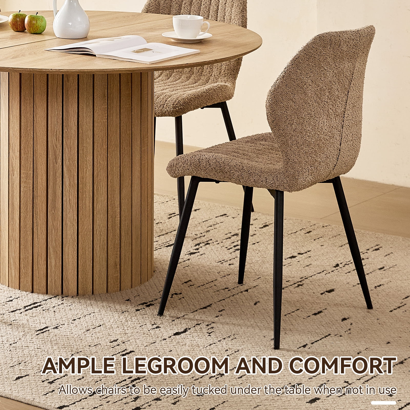 47" Round Dining Table Set of 4, Natural Wood Kitchen Table with 4 Brown Boucle Dining Chairs
