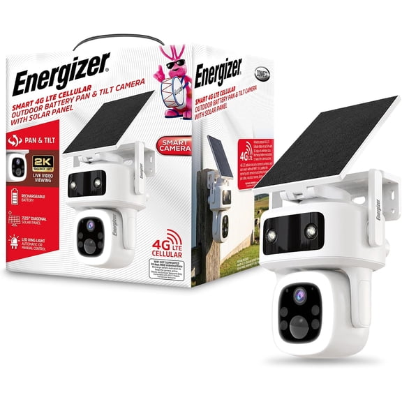 Energizer Smart 4G LTE Cellular Security Camera with Solar Panel, 2K Outdoor Wireless Pan Tilt Camera, No WiFi Required, Rechargeable Battery, Color Night Vision, Motion Detection, White