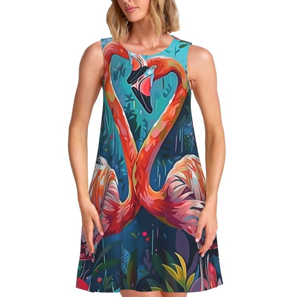 Balery Romantic Flamingo Pair Vestidos de verano para mujer con estampado: vestido holgado sin mangas, vestido playero informal y cómodo para días calurosos.