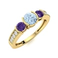 thumbnail image 2 of Semi Bezel Set 4MM Round Aquamarine & Sapphire 925 Sterling Silver Gold Vermeil Three Stone Women Ring, 2 of 2
