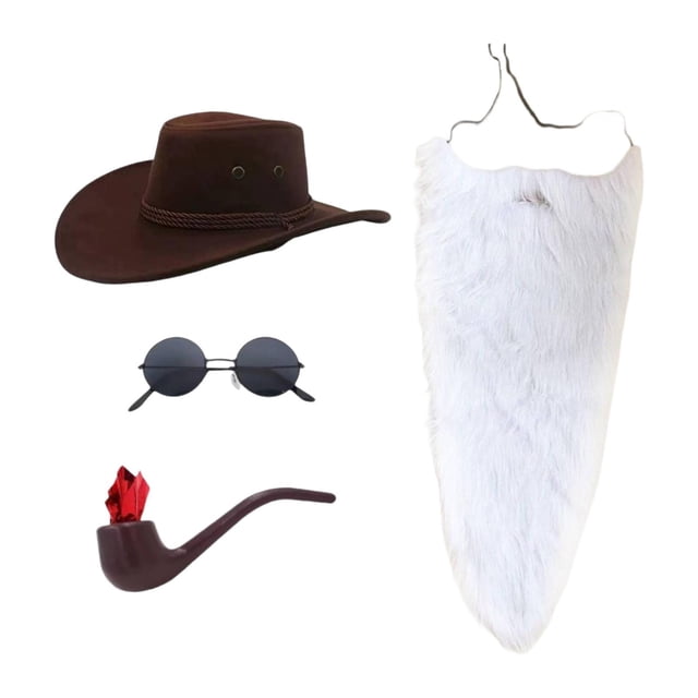 Sombrero vaquero y gafas sol divertidas con barba para carnaval, , escenario y vacaciones. Blanco