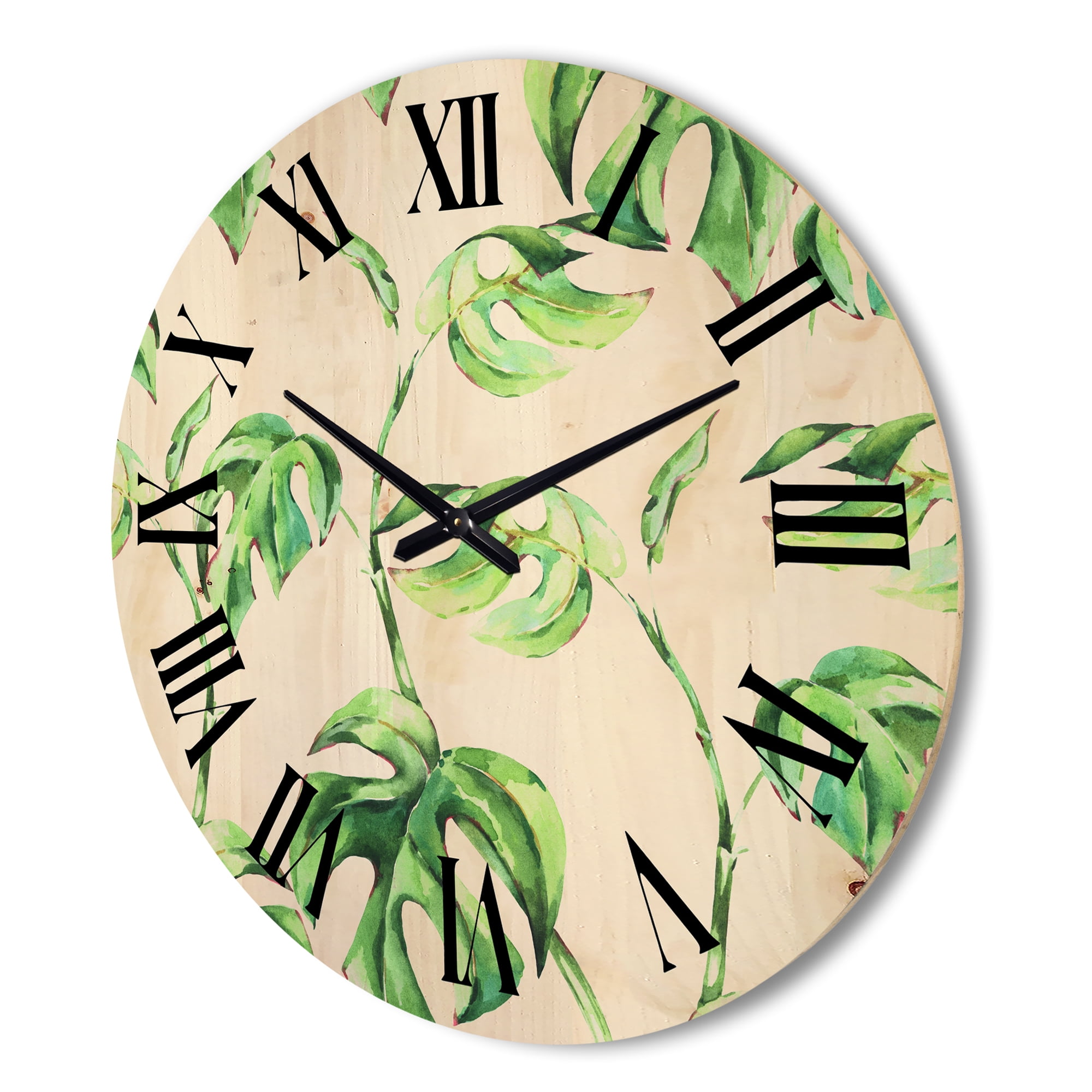 Designart 'Ancient Floral Tropical Leaves II' Tropical Wood Wall Clock