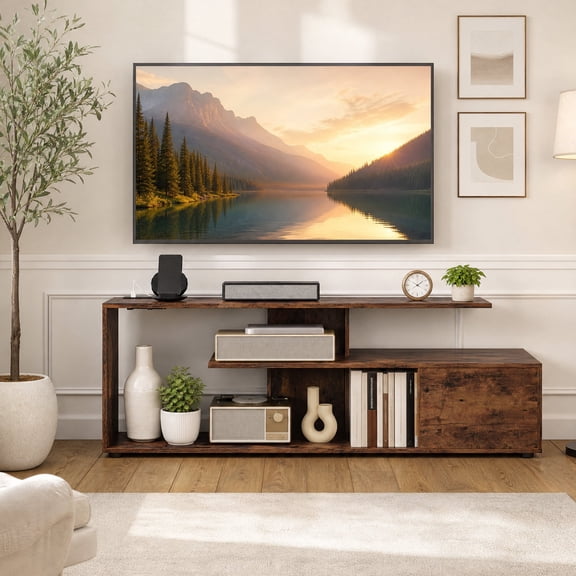 Modern Entertainment Center with Power Outlet, TV Stand for 55 Inch TVs , Wood Media Console Cabinet for Living Room,Rustic Brown