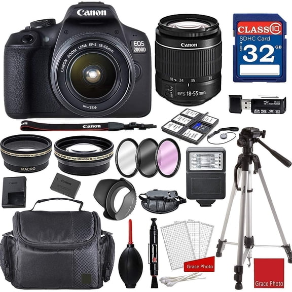 Canon EOS 2000D/Rebel T7 DSLR with EF-S 18-55mm IS II Lens & Pro Bundle (International Model)