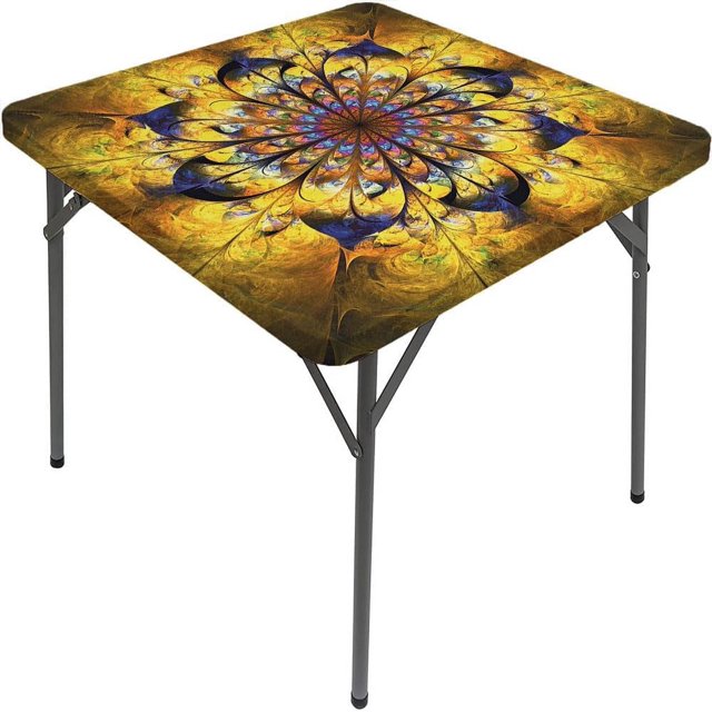 Yellow and Blue Square Table Cove, Mandala with Floral Ornamental Psychedelic Fantasy Rays Pattern, Elastic Edge, for Table Decoration, Buffet and Camping, for 44"x44" Square Table Yellow Blue