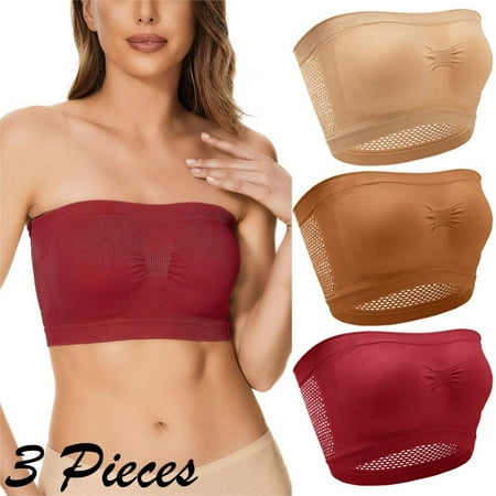 Women Strapless Bandeau Bra Seamless Stretchy Bralettes Padded Bandeau Tube Top Bra  S to Plus Size 6XL  Red+Coffee+Beige