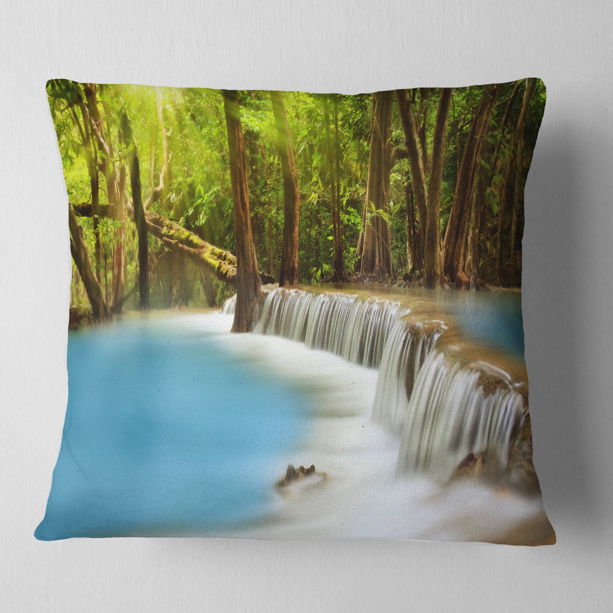 Designart Clam Huai Mae Kamin Waterfall - Landscape Printed Throw Pillow - 18x18
