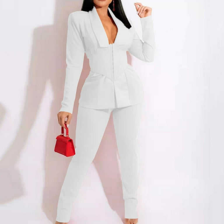 JDEFEG Interview Outfits Women's Two Piece Lapels Suit Set Office Business Long  Sleeve Formal Jacket Pant Suit Slim Fit Trouser Jacket Suit with Waist Belt  Casual Pant Suit Polyester,Spandex White M 