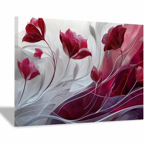 Mudket Framed Canvas Wall Art Ready to Hang, Burgundy Red Floral Canvas Wall Art, Minimalist Flower Wall Decor, Abstract Floral Prints for Living Room Bedroom Office Home Decor - 12"L x 8"W