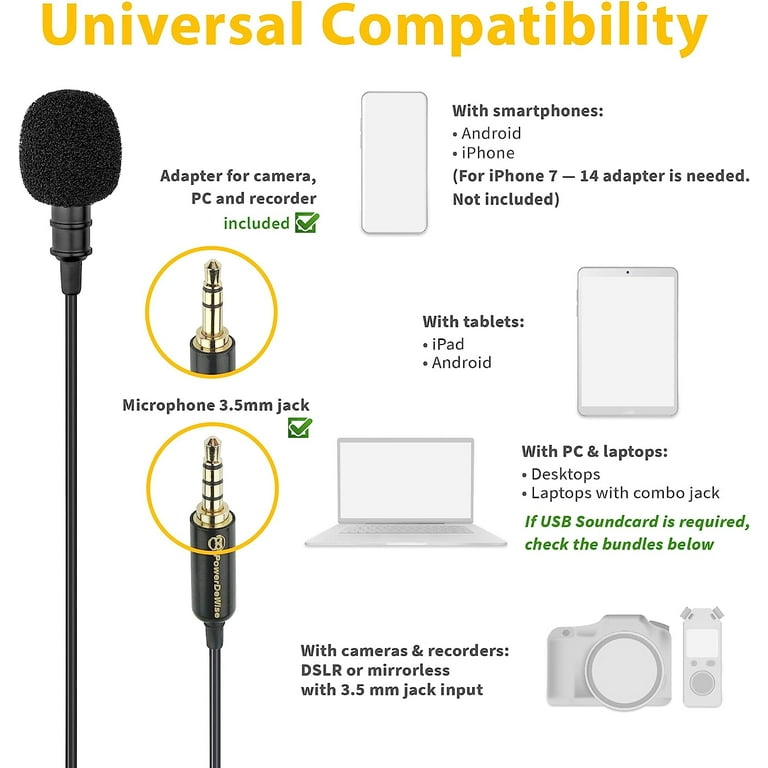 PowerDeWise Professional Grade Lavalier Clip On Microphone - Lav Mic for  Camera Phone iPhone GoPro Video Recording ASMR - Small Noise Cancelling  3.5mm Tiny Shirt Microphone with Easy Clip On System 