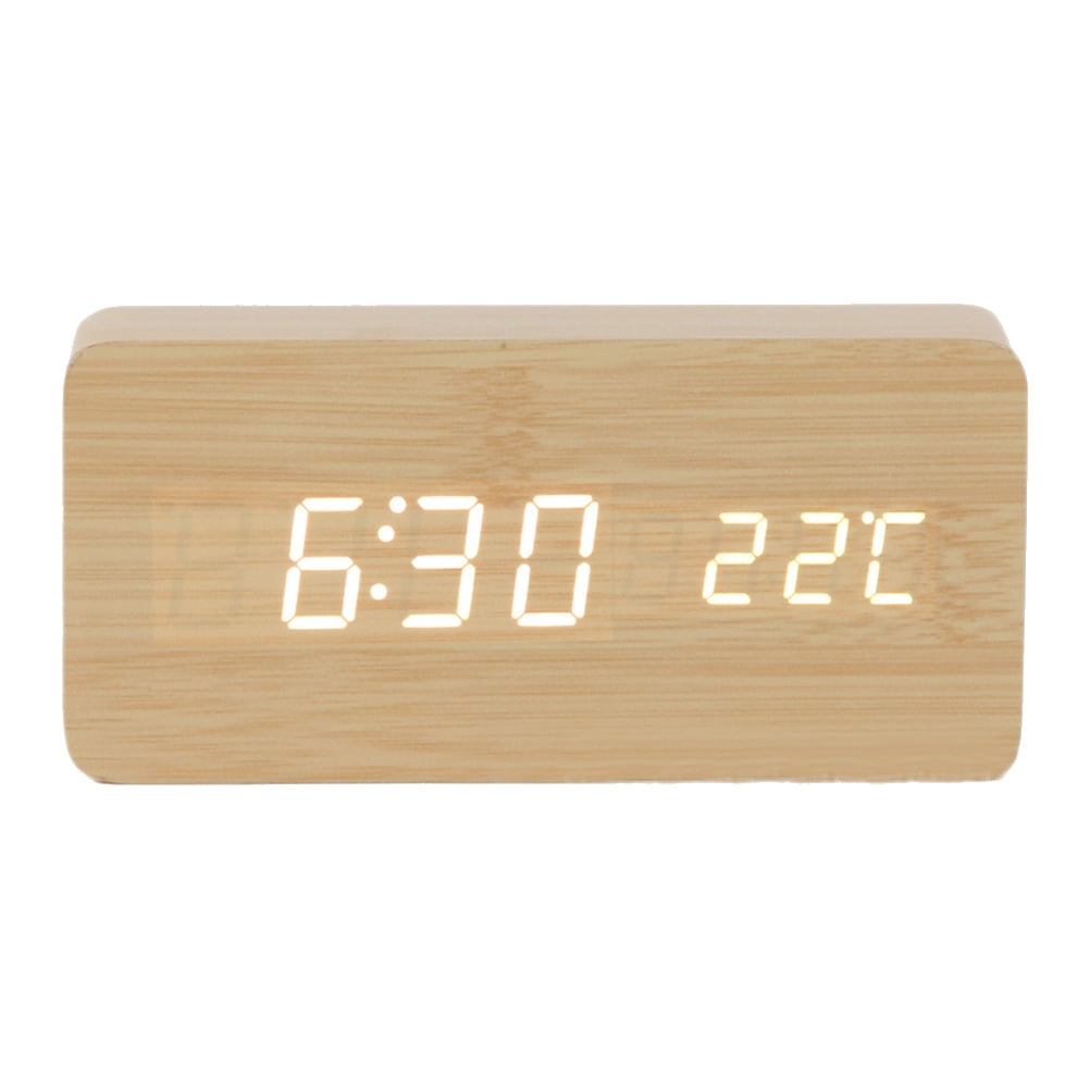 Modern Wooden Wood USB Digital LED Alarm Clock Calendar Temperature Thermometer 