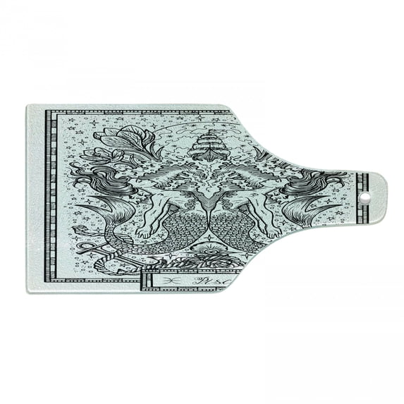 Pisces Cutting Board, Abstract Jumble Design with Mermaids and Splashing Water Monochrome Sketch, Decorative Tempered Glass Cutting and Serving Board, in 3 Sizes, by Ambesonne