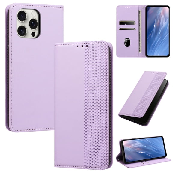 Feishell Wallet Case For iPhone 16 Pro Max, Premium PU Leather Flip Folio Cover with RFID Blocking Card Slots Cash Pocket Kickstand Wrist Strap Embossed Pattern Shockproof Phone Case,Purple