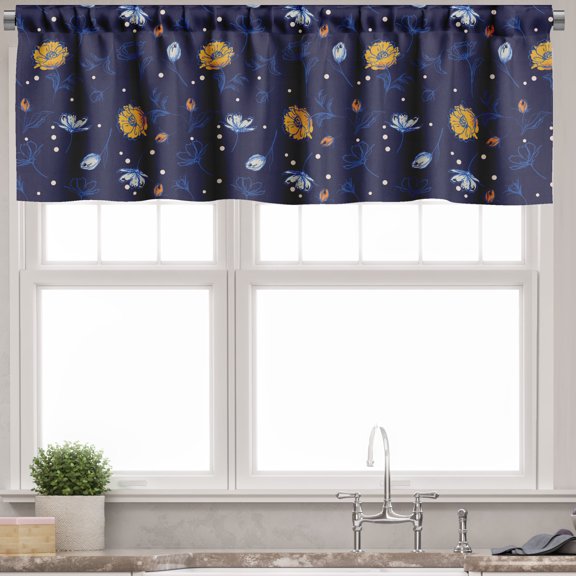 Ambesonne Floral Valance Pack of 2, Blooming Buds Flowers Art, 54"X18", Indigo and Mustard