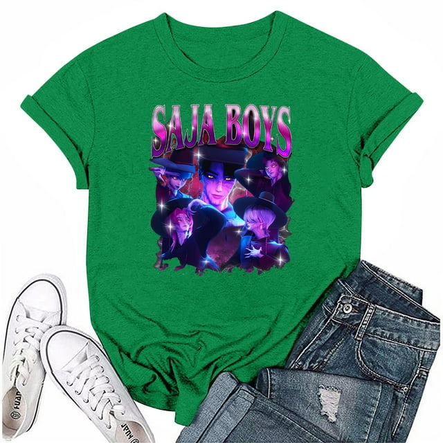 Nvse-KPop Demon Hunters Team T-Shirt – Unisex Short Sleeve Cartoon Graphic Tee for K-Pop and Movie Fans#Green M