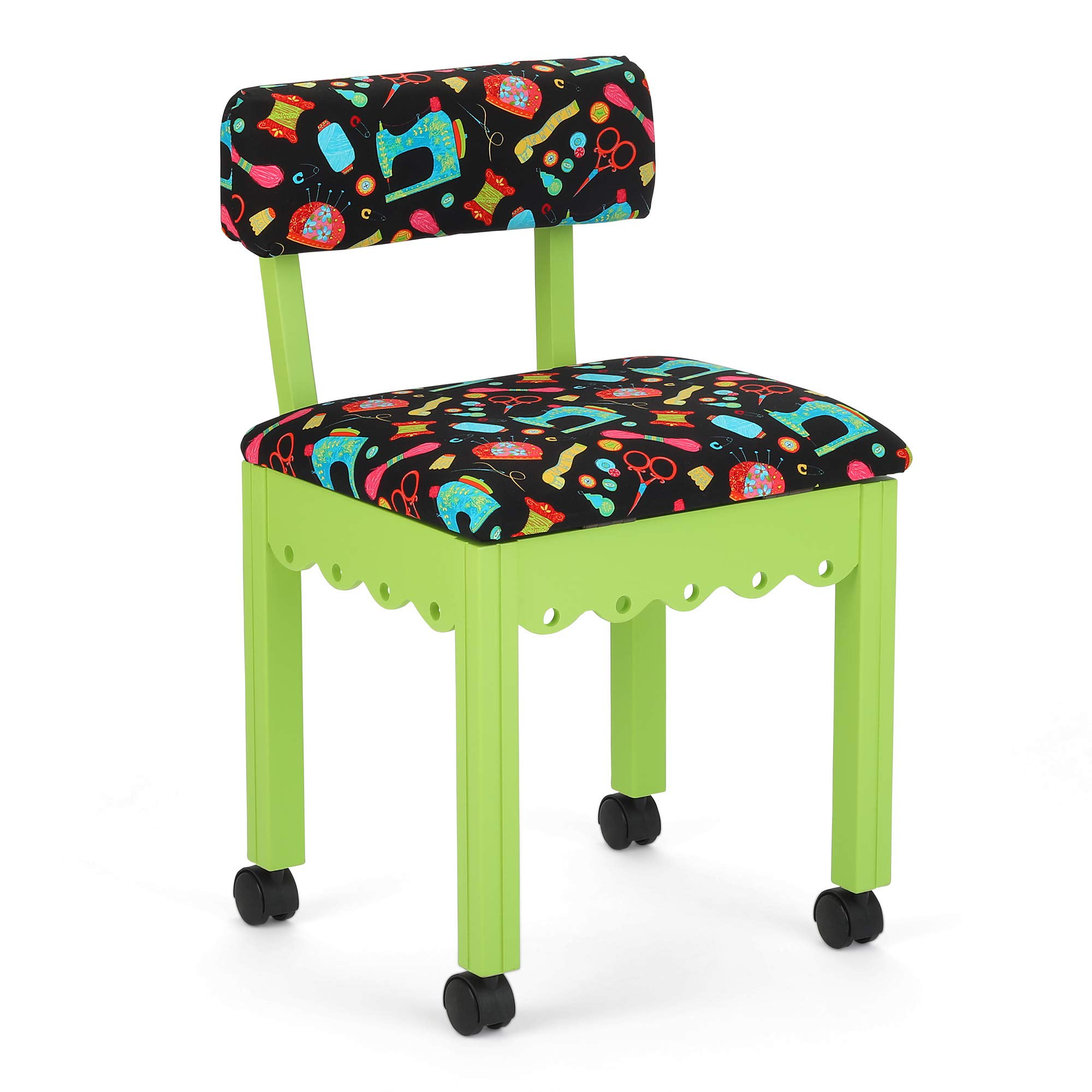 Arrow 7014B Wood Sewing and Craft Chair with Gingerbread Design and Under Seat Storage Green with Black Notions Print Fabric Print Upholstery Fabric by Riley Blake 