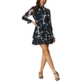 thumbnail image 2 of INSPIRE CHIC Women's Floral Long Sleeve Mini Dress Smocked Neck Ruffle Trim Chiffon Casual Dress Deep Blue L, 2 of 6