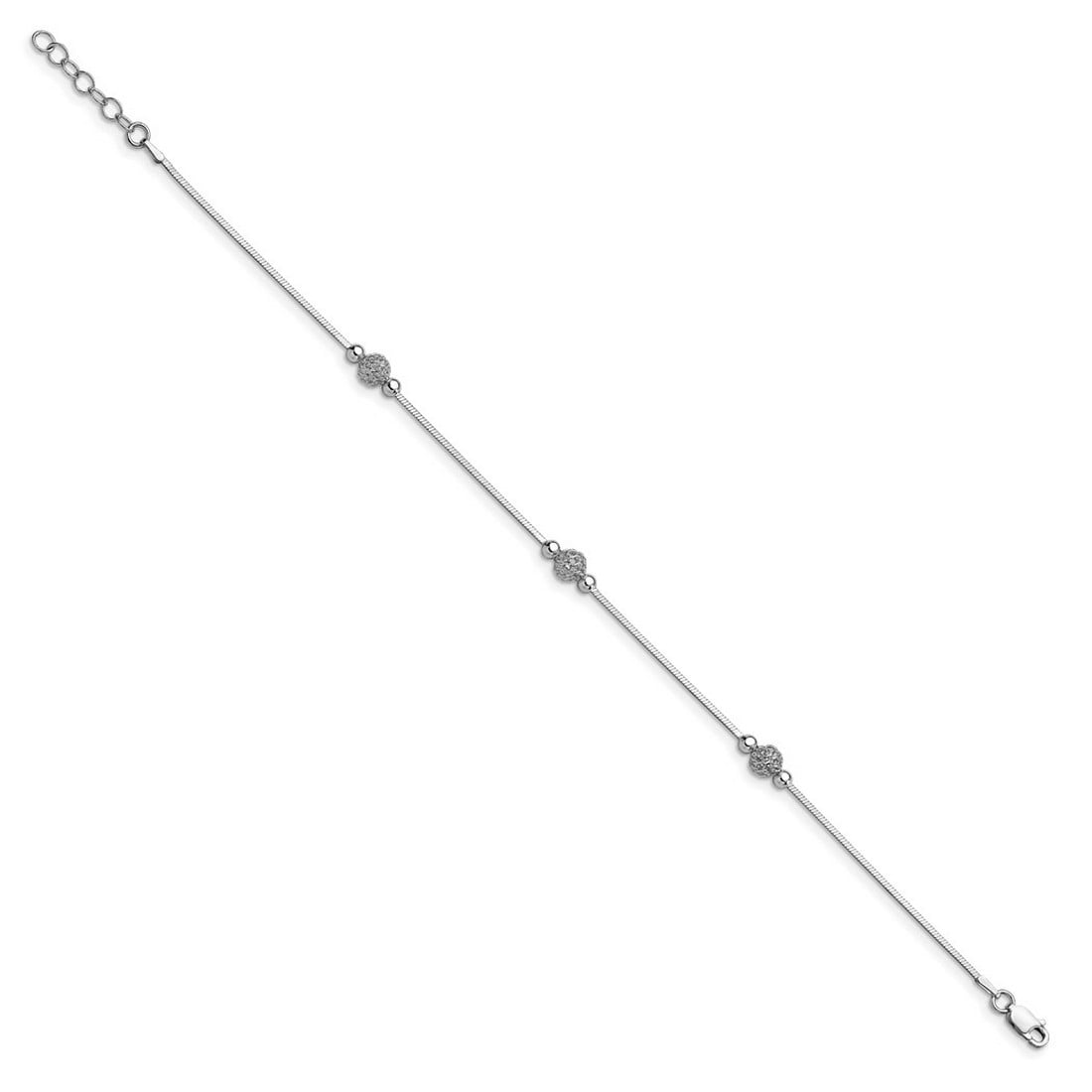 925 Sterling Silver Fancy Lobster Closure Polished and Textured Beaded Anklet With 1inch Ext 9 Inch 2mm Wide Anklet for