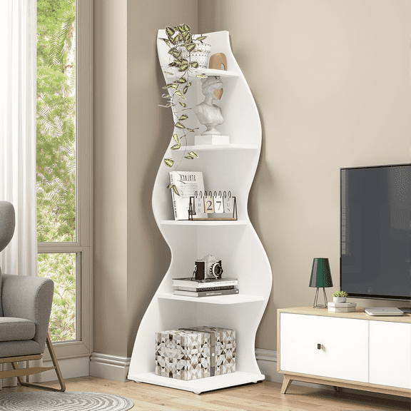 MAYEERTY 5-Tier Corner Shelf, Vintage White Pattern Storage Rack, Adjustable Height Space-Saving Corner Bookshelf for Home & Office