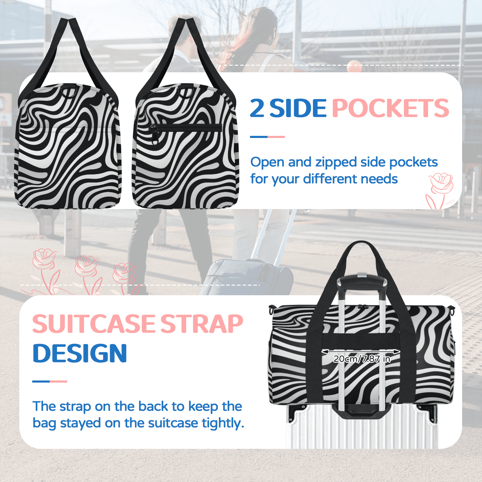 Herdesigns Zebra Printed Travel Duffle Bag Sports Yoga Weekender Overnight Carry on Workout Bags Lightweight Waterproof Gym Tote Bag for Women