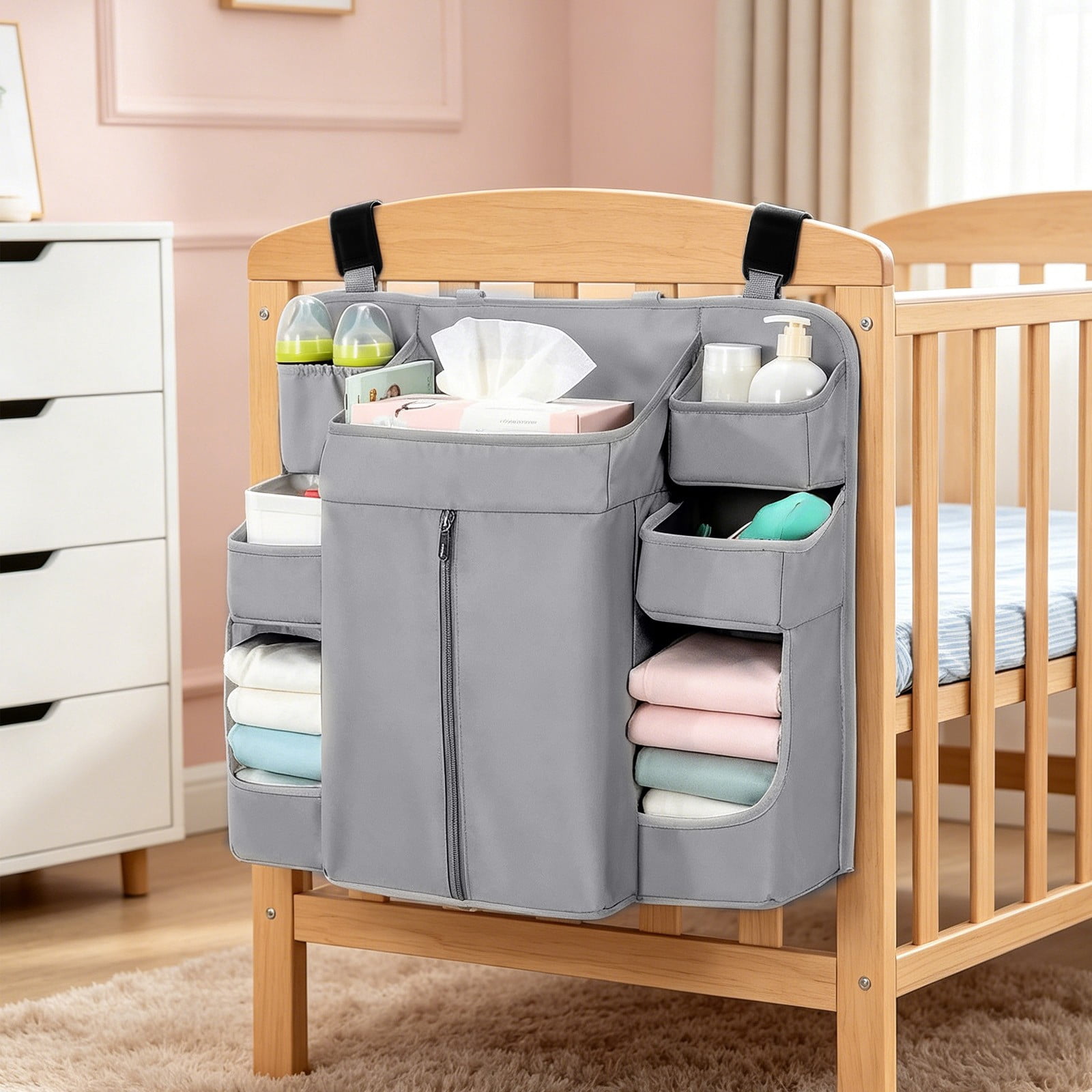 Snmubt Dark Gray Nursery Storage Rack, Hanging Diaper Organizer Bag for Crib, Waterproof Oxford Multi-Pocket for Portable Changing Table