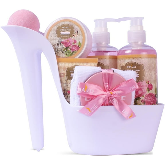 Draizee Luxury Heel Shoe Spa Gift Basket, 8-Piece Body Care Set with Shower Gel, Bubble Bath, Body Butter, Body Lotion, Bath Bomb, Towel and Mirror, Rose Scent