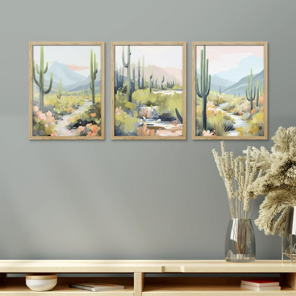 PixonSign Framed Canvas Print Wall Art Set - Saguaro Cactus Joshua Tree Desert Art - Set of 3 California Desert Plant Posters Farmhouse Wall Décor for Living Room, Bedroom - 8"x10" Panels Natural