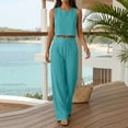 thumbnail image 5 of Textilo Women's Cotton Linen 2 Piece Sets Sleeveless Crew Neck Crop Top Drawstring Wide Leg Pants Elastic High Waisted Outfit Summer Travel Vacation Breathable Loose Walking Activewear,Light Green L, 5 of 6