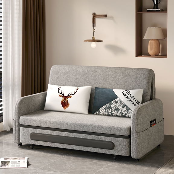 NessCarsti Modern Gray & White Trundle Sofa Bed, 61" Pull-Out Futon Couch for Small Living Spaces and Apartments