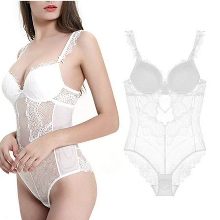 

Women Snap Crotch Lingerie Lace Bodysuit Deep V 1-Piece Lace Bodysuit New