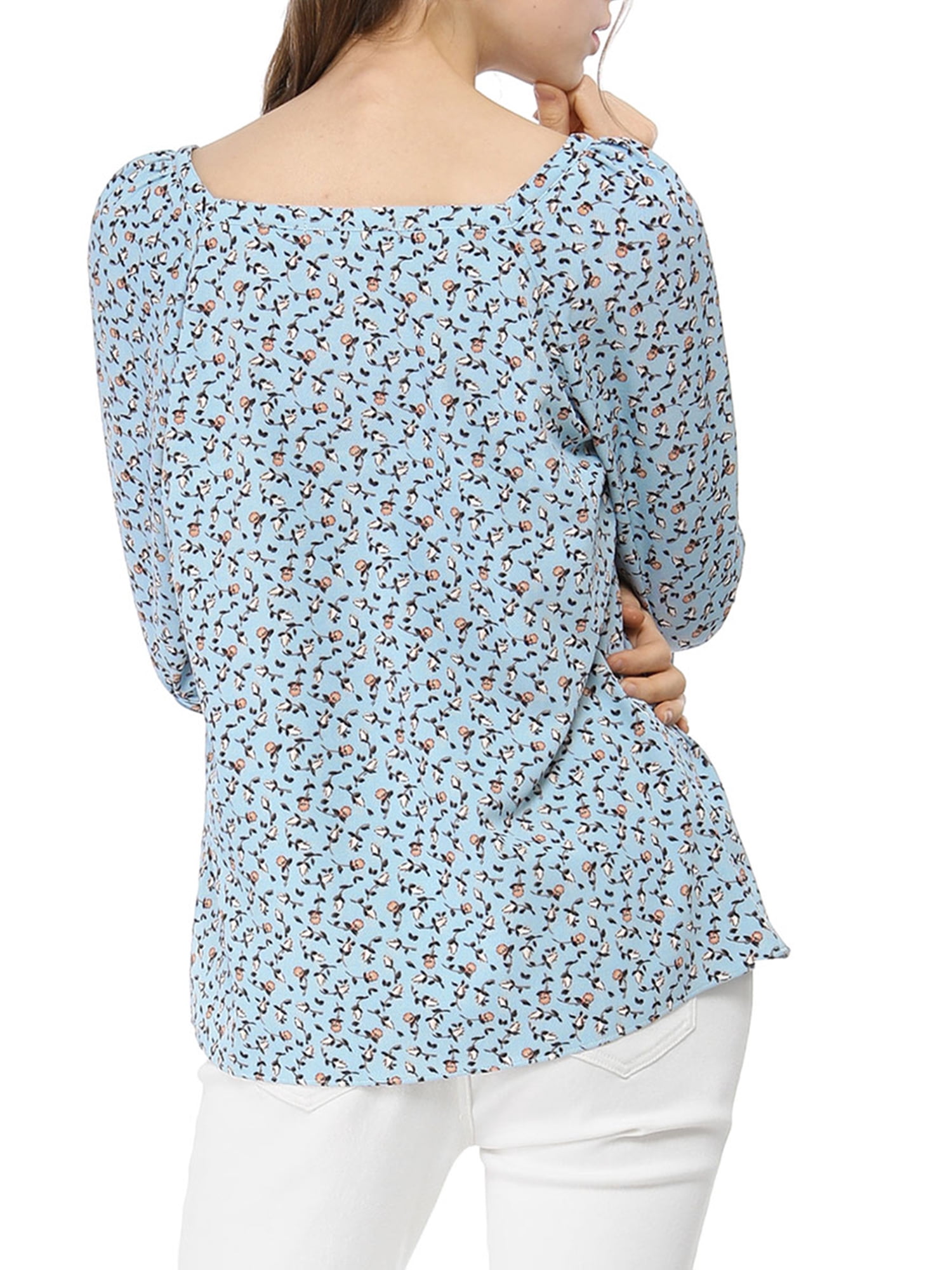 Women's Floral Tie Cuffs 3/4 Sleeves Square Neck Blouse