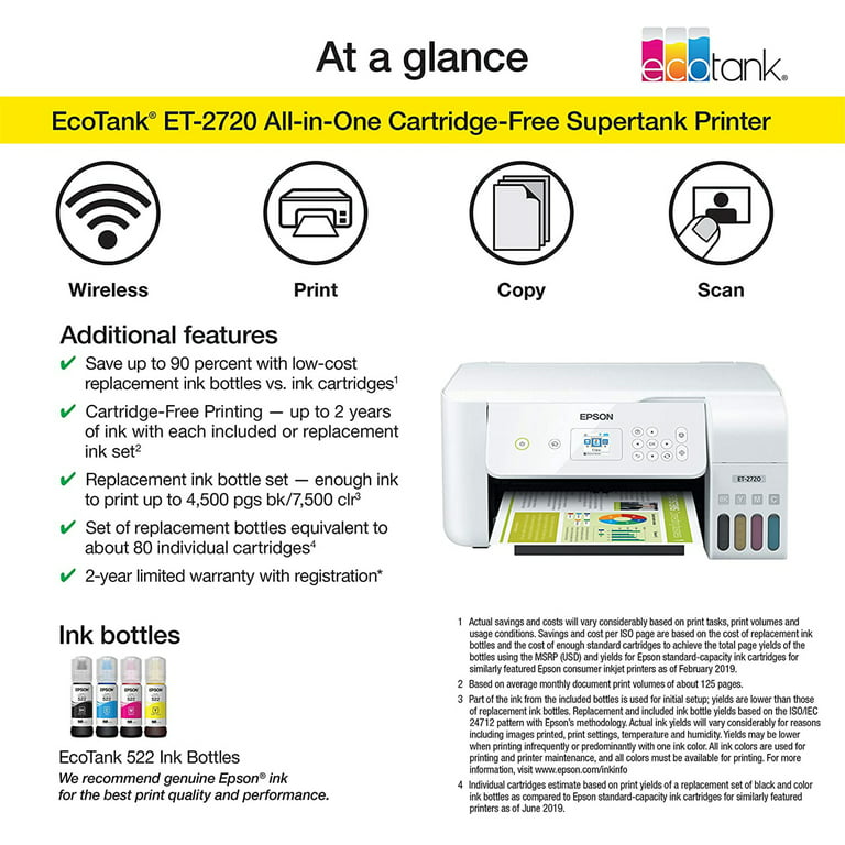 Epson EcoTank ET-2720 Wireless Color All-in-One Supertank Printer with  Scanner and Copier, White 