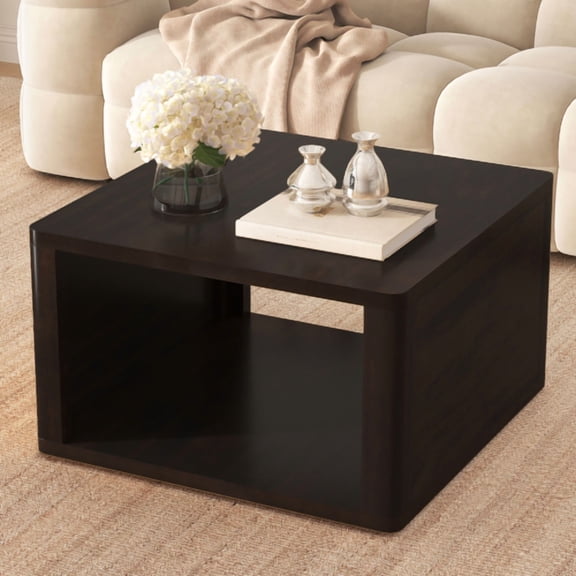 Square Farmhouse Coffee Table with Storage, 2-Tier Center Table with Half-Open Compartment for Living Room, Dark Brown Finish, 30.8"