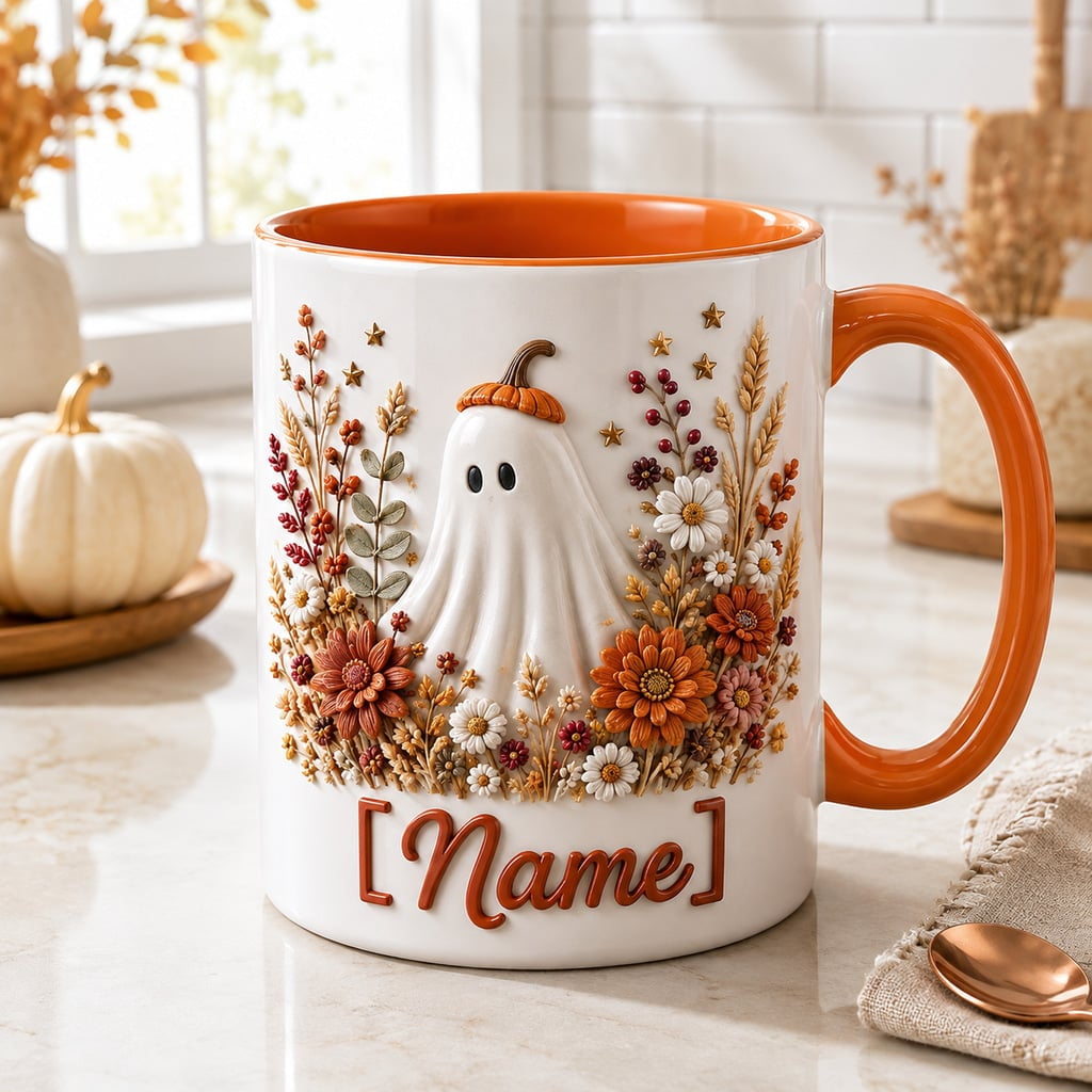 Coffee Mug Personalized Name Halloween Ghost Ceramic Fall Gift