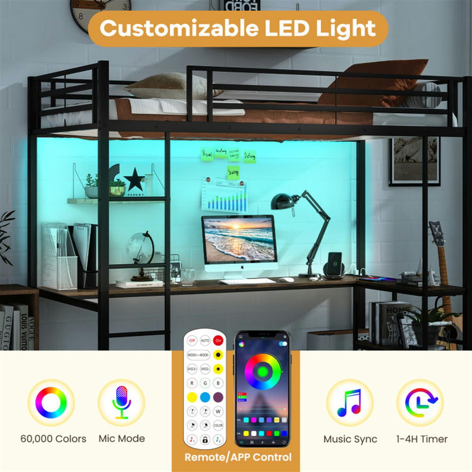 Demi Bonn Twin Size Loft Bed Raised Platform Bed with Desk and 2 Storage Shelves for Teens, Black