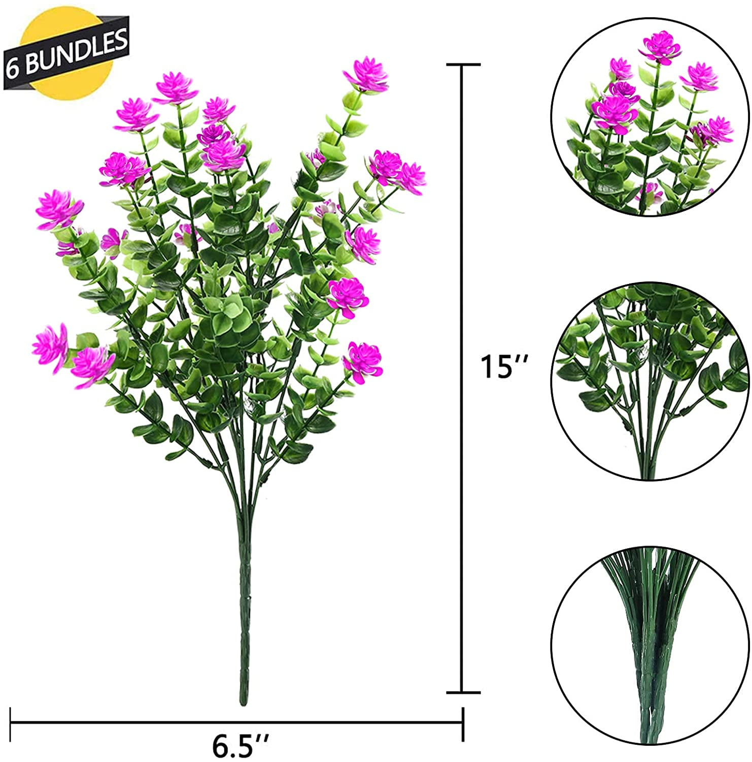 Artificial Flowers Outdoor Fake Flowers for Decoration UV Resistant No Fade Faux Plastic Plants Garden Porch Window Box Décor (6 Bundles, 2#Yellow)