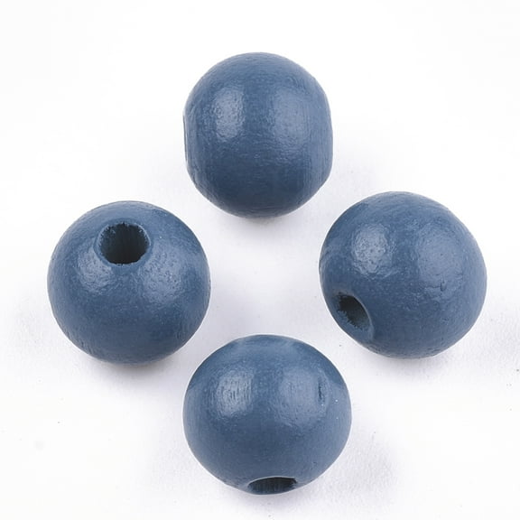 200pcs Painted Wood Beads Round Steel Blue 10x8.5~9mm Hole: 2~3mm