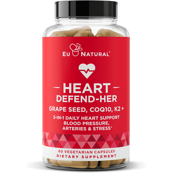 Heart Defend-Her Womens Heart Health Supplements – Advanced 3-in-1 Blend with Grape Seed Extract, Vitamin K2 MK-7, and CoQ10 – Support Blood Pressure, Artery and Bone Strength 60 Vegetarian Capsules