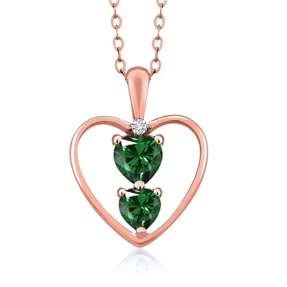 Gem Stone King 18K Rose Gold Plated Silver Green Nano Emerald and White Diamond Pendant Necklace for Women (0.91 Cttw, Gemstone May Birthstone, Heart 5MM and 4MM, with 18 inch Silver Chain)