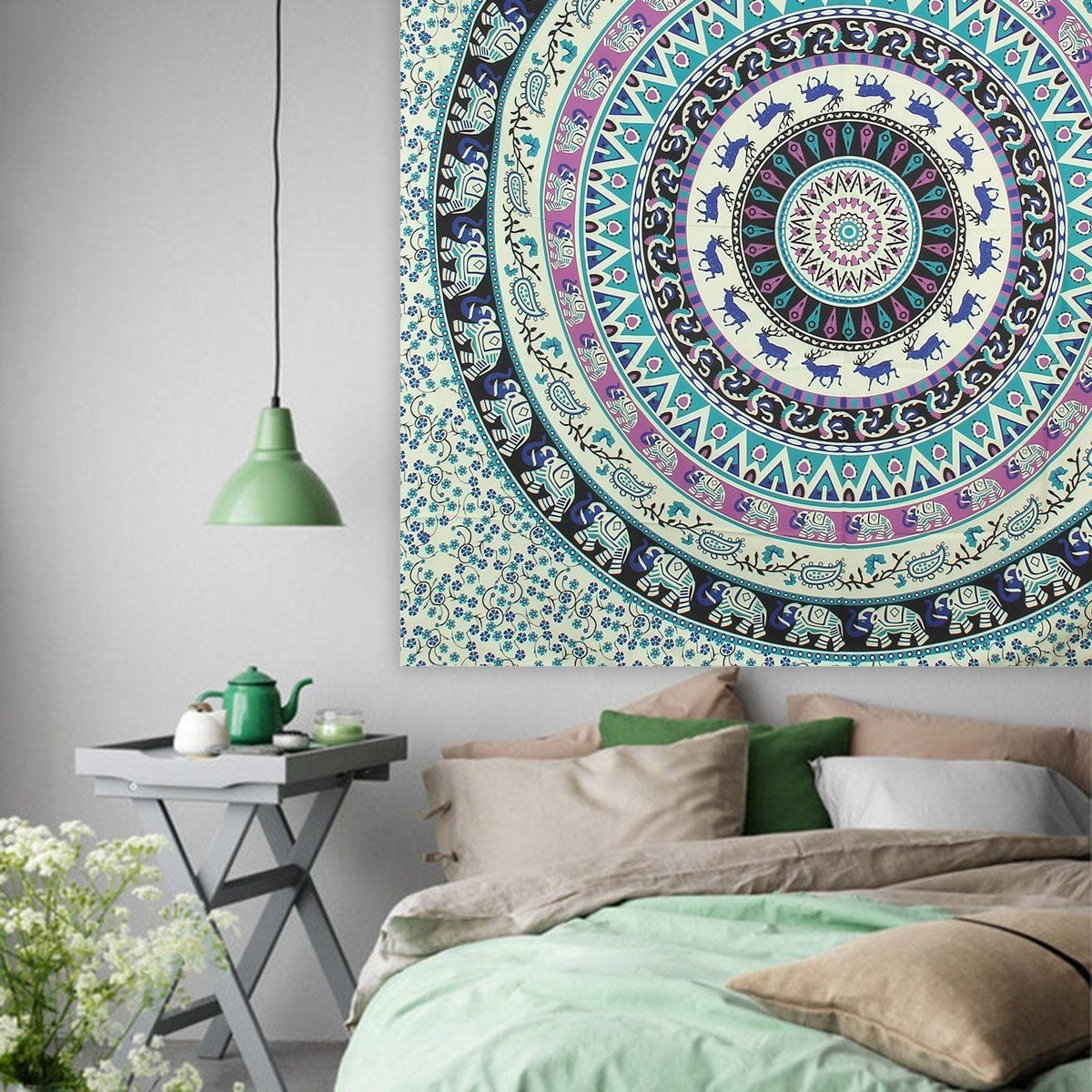 Hippie Deer Mandala Tapestry Wall Hanging Blue Bohemian Art Or Indian Ombre Hippy Bedding Bedspread Set For Bedroom College Dorm Room Accessories Or