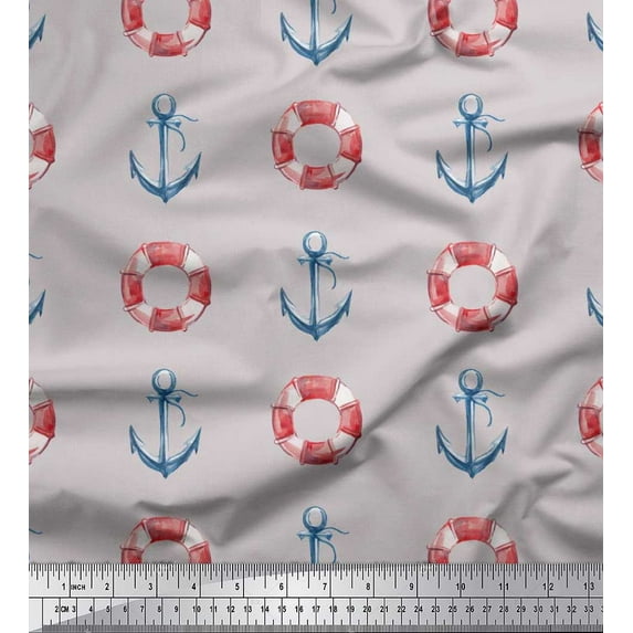 Soimoi Grey Satin Silk Fabric Life Ring & Anchor Hook Nautical Fabric Prints By Yard 42 Inch Wide