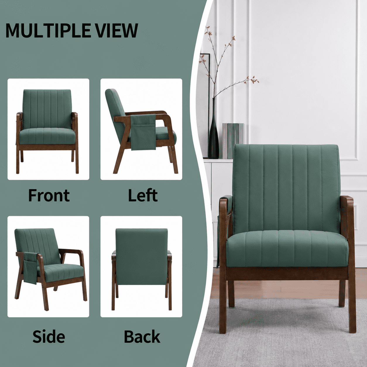 MOONMISS PU Leather Accent Chair,Mid-Century Modern Wood Frame Arm Chair with Side Pocket Cushioned Sofa,Green