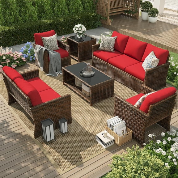 AECOJOY 7 Pieces Outdoor Furniture Set with Storage, Rattan Wicker Sectional Sofa Couch Patio Conversation Set - Red