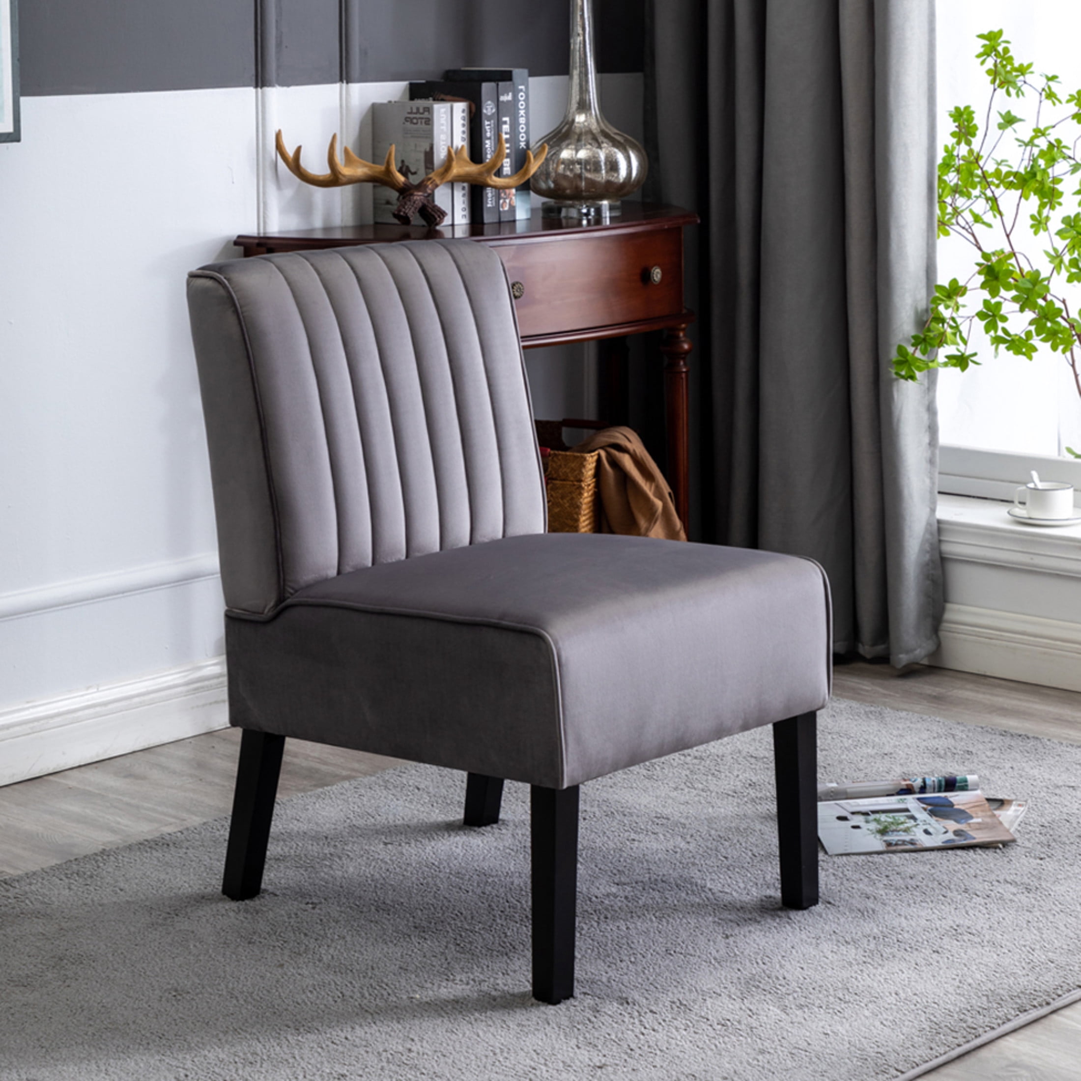 GDF Studio 29.5" Mid-Century Modern Accent Chairs Set of 2 with Channel Tufted Velvet Upholstery, Gray